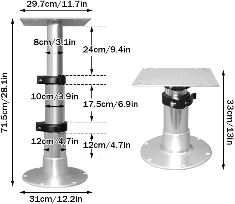 Marine Air-Powered 3-Stage Pedestals, Bright Leg Lift System Force Up to 100 lbs Travel 13 to 28 inches; Adjustable Table Stand Bracket for RV Boat Yacht Residence