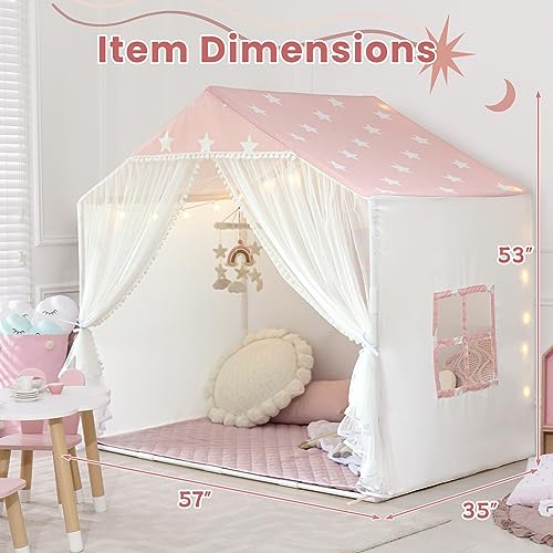 Kids Play Tent with Mat, Large Playhouse Tent Indoor Toddler Girl Tent with Pompoms Door Curtains, Princess Tents Children Play House for Girls Birthday, Christmas Toy House Gift, Play Cottage (Pink)