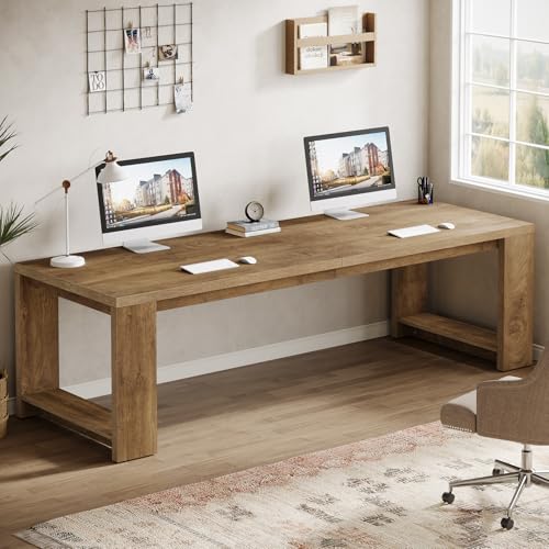 Tribesigns Two Person Desk, 86.6 Inches Extra Long Desk, Double Computer Writing Table, Wood Large Desks Workstation for Home Office, Natural Wood