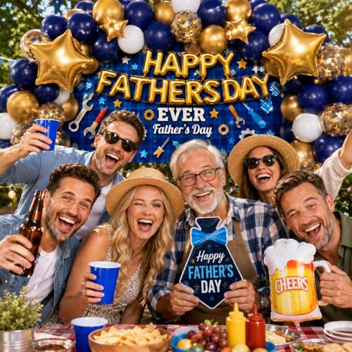Image of Happy Father's Day Balloon Garland Arch Set 100Pcs with Star, Fathers Day Decorations for Best Father Ever Decorations Father's Day Party Fathers Birthday Party Photo Booth Backdrop Decor