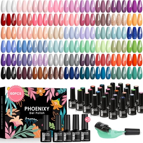 PHOENIXY Kit Semipermanente Unghie, 60 PCS Smalti Semipermanenti per Unghie 54 Colori Smalto Semipermanente Rosso Blu Glitterato con Base Opaca Lucida Top Coat Kit Gel Regalo per Donne