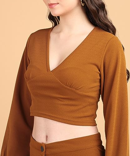 Image of POPWINGS Women Casual Self Design Rust Deep V Neck Full Sleeve Crop Top | Women Tops | Women Regular Tops | Women Tops | Women Stylish Tops