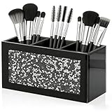 SHYFOY Black Makeup Brush Holder Organizer, 3 Slots Glass Cosmetic Brushes Storage with Crushed Diamond, Pencil Pen Holder for Desk, Desk Organizer and Accessories for Vanity