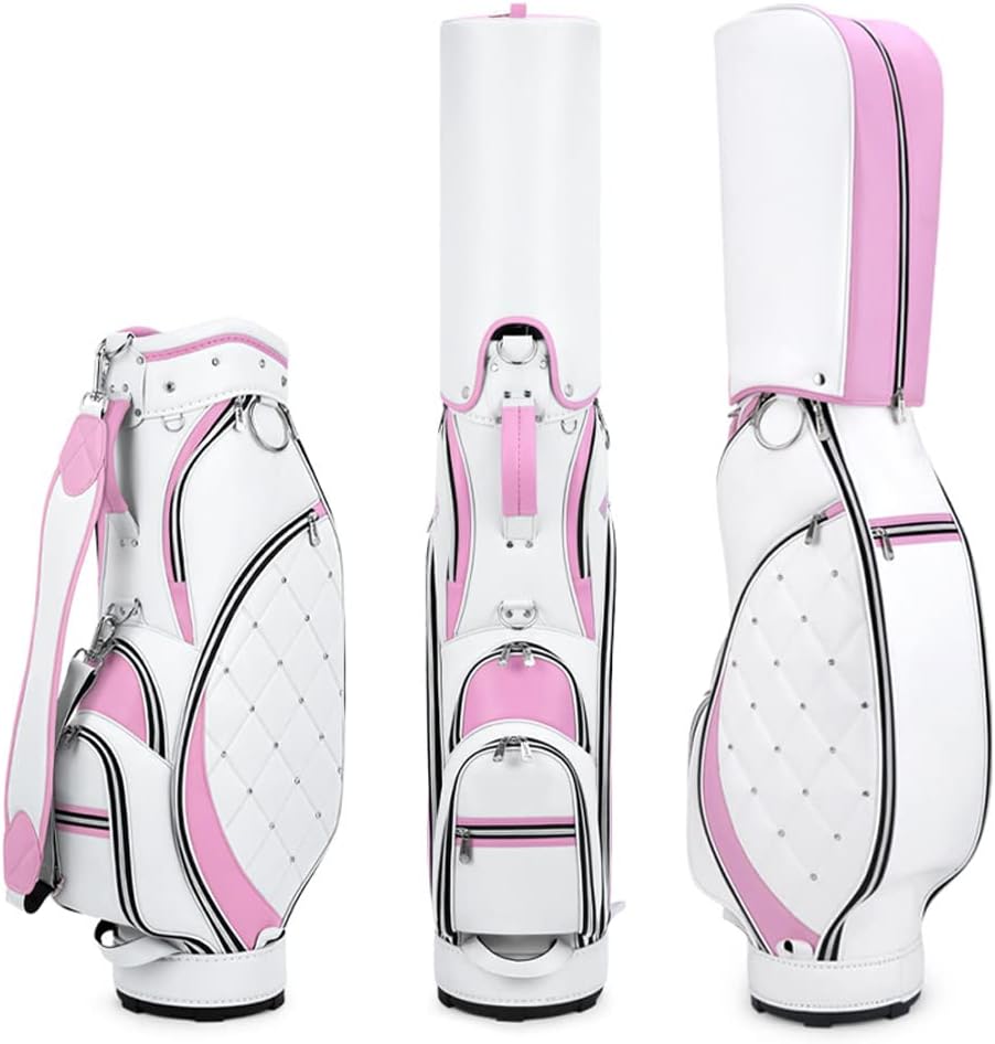 LANGWEI Golf Club Bag for Women, Fashion Diamond Rivets TPU Waterproof Golf Clubs Bag, Lightweight Golf Cart Bag with 5 Way Organizer Divider for Driving Range