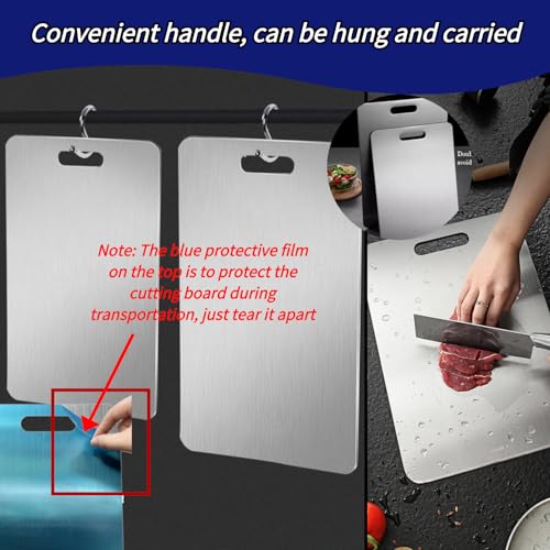 Tablas de corte de titanio para cocina - Tabla de corte de acero inoxidable de doble cara con diseño colgante, fácil de limpiar, duradera y resistente a la corrosión para carne, verduras y frutas miniatura 6