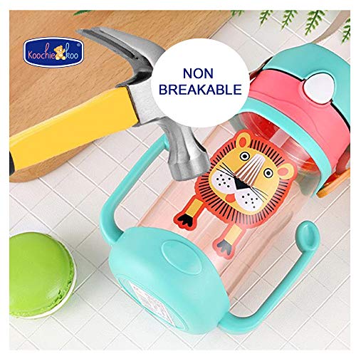 Image of Koochie-Koo Plastic One Touch Open Cute Lion Printed Handy Transparent Sippy Cup Bottle with Handle, Straw and Strap for Kids, Water Bottles for Toddler Boys & Girls (Green, 450 ml)