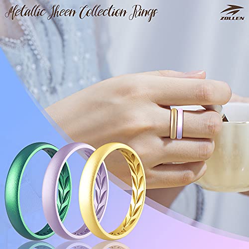 Zollen 10 Packs Silicone Wedding Rings for Women, 3.5mm Metallic Thin Rubber Wedding Bands Stackable Ring, Inner Breathable Olive Leaves Design4