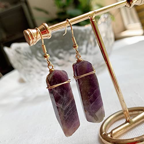 天然石ピアス イレギュラー 長方形 ロングタッセル 振り子 ピンククォーツ パープルクリスタル ドロップイヤリング,アメジスト