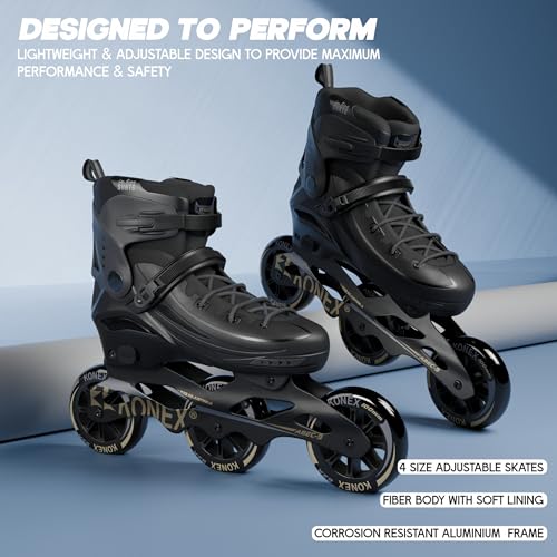 Image of Konex Premium 3 Wheel Inline Skates | Adjustable 100 MM PU Rubber Wheel Roller Skating Shoes for Boys and Girls (Size Euro 35-38, Black)