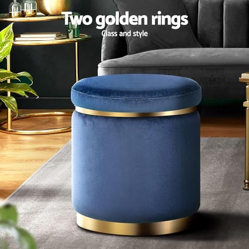 Image of ETIQUETTE ART Upholstered Velvet Round Dual Strip Ottoman Office Stool Foot Rest Stool Linen Fabric Padded Seat Pouf Ottoman with Round Shape for Living Room (Blue)