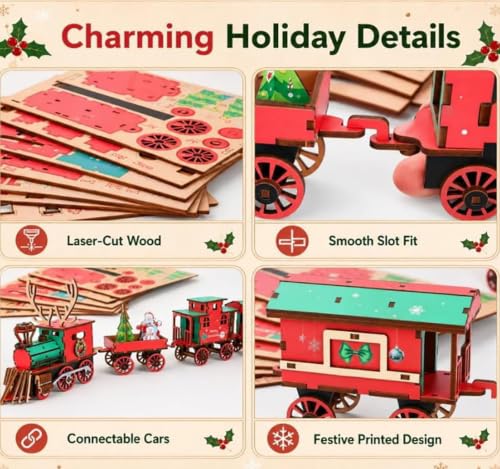 Tren de madera navideño artesanal: el regalo ideal de modelismo 3D para adultos 3