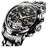 Skeleton Watch Automatic for Men Mechanical Self Winding Dress Swiss Tourbillon Black Face Luxury Waterproof Stainless Steel 2 Tone Wrist Watches with Day Date Casual Daily,relojes de Hombre
