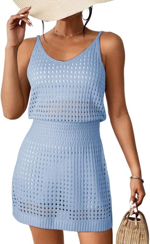 DokotooSummer Crochet Hollow Out Knit Beach Bathing Suit Swim Cover Ups Cruise Outfits Vacation Dresses for Women 2025