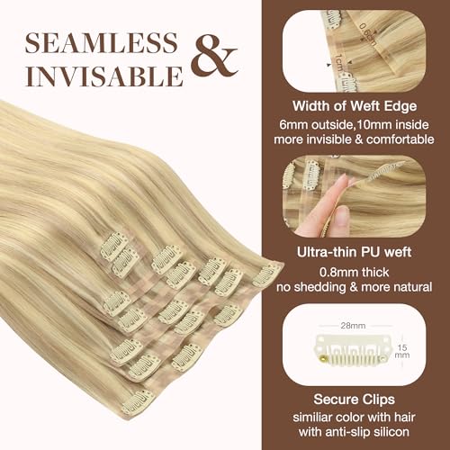 Image of GOO GOO Clip in Hair Extensions Real Human Hair, Remy Human Hair Extensions Clip ins for Women, Natural Human Hair, 18inch 130g 7Pcs, 18D /22F Dirty Blonde Highlights