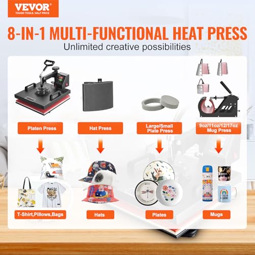 Image of VEVOR Heat Press Machine 8 in 1 Combo Heat Press 15x15 Inch Heat Transfer Machine 360-Degree Swing Away Digital Tshirt Press Multifunction Heat Transfer Sublimation for T Shirts Mugs Hats Plates Caps