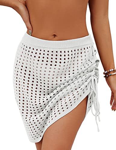 MEROKEETY Women's Crochet Skirt Cover Ups Bathing Suit Beach Swim Hollow Out Tassel Mesh Coverup, White, Small MEROKEETY Women's Crochet Skirt Cover Ups Bathing Suit Beach Swim Hollow Out Tassel Mesh Coverup, White, Small