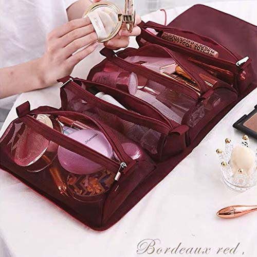 MOONKKA Roll Up Toiletry Bag Travel Cosmetic Case Organizer Portable Artist Storage Bag with Four Detachable Storage Bags for Cosmetics Makeup Brushes Toiletry Jewelry,Bordeaux red