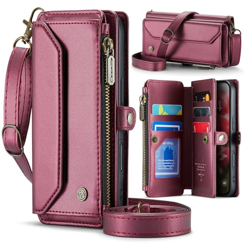 Étui iPhone 16 bordeaux en cuir avec clapet magnétique et blocage RFID