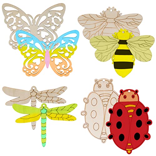 Bakiauli 40 Stück Unvollendete Holzhandwerk Hängende Dekorationen, Schmetterling, Libellen, Bienen, Käfer, holzfarbe kunsthandwerk für kinder malen DIY handwerk tags(4 Stile) Cover