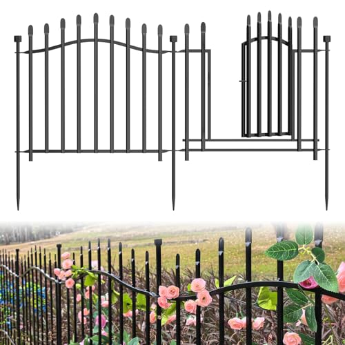 10 Panels No Dig Garden Decorative Fence with Gate - 24in H x 22.5ft L, Heavy-Duty Square Tube Animal Barrier, Rustproof Dog Fence for Outdoor Yard & Patio Protection