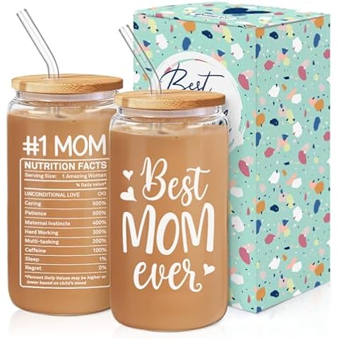SANDJEST Gifts for Mom from Daughter Son - Mom 16 Oz Can Glass Coffee Cup with Bamboo Lid & Straw - Mothers Gift Mom Gifts for Women on Birthday Mothers Day Valentines Cover