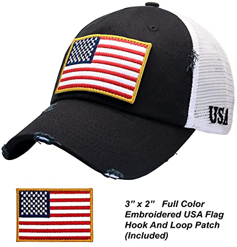 Image of Antourage American Flag Unconstructed Unisex Mesh Snapback Baseball Hat Cap for Men and Women +2 Patriotic Patches Included