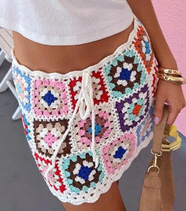 FEORJGP Women Crochet Knit Mini Skirt High Waist Granny Sqaure Knit Bodycon Short Skirt Boho Mini Skirt Summer 90s Streetwear2