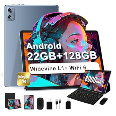 Dghrti 2025 Newest 10-Inch Android 14 Tablet  22GB RAM+128GB ROM/TF 1TB  8-Core 2.0GHz  8000mAh  UFS 2.1 Flash  Metal Body  Dual WiFi  BT5.0  8+5MP  Widevine L1  con Teclado y Ratón  Gris