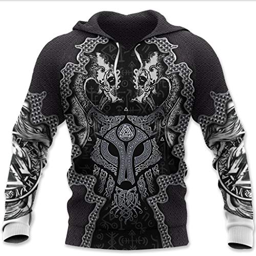 Sudadera con Capucha Y Estampado 3D del Barco Pirata Vikingo Fenrir, Sudadera de Valknut del Símbolo de Odin de la Mitología Nórdica, Camiseta de Manga Larga con Nudo de Lobo Celta,XL Cover