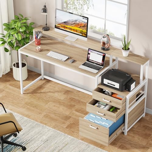 Image of Tribesigns 63 Inch Computer Desk with File Drawer Cabinet, Ergonomic Office Desk with Monitor Stand, Industrial Computer Table with Printer Space, Wood PC Table Workstation Desk for Home Office