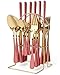 Knife and Fork Sets, 24 Pieces Cutlery Set with Holder, Gilded Silverware Set for 6 People – Includes Knives, Forks, Spoons – Dishwasher Safe, Easy to Clean (Pink)
