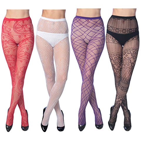 Frenchic Seamless Fishnet Lace Stocking Sexy Tights Extended Sizes (Pack of 4) (S/M, 4-F Multi)