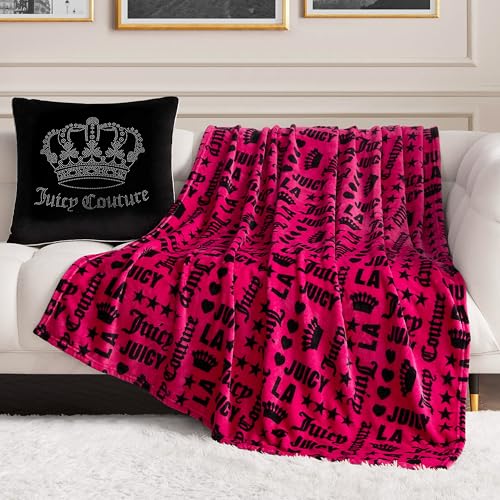 Juicy Couture Luxurious Throw Blanket for Couch - 50 x 70 Inches - Crown Royal Blanket - Plush & Cozy Throw Blanket - Decorative Blankets for Sofas Throws for Chairs and Beds Hot Pink/Black
