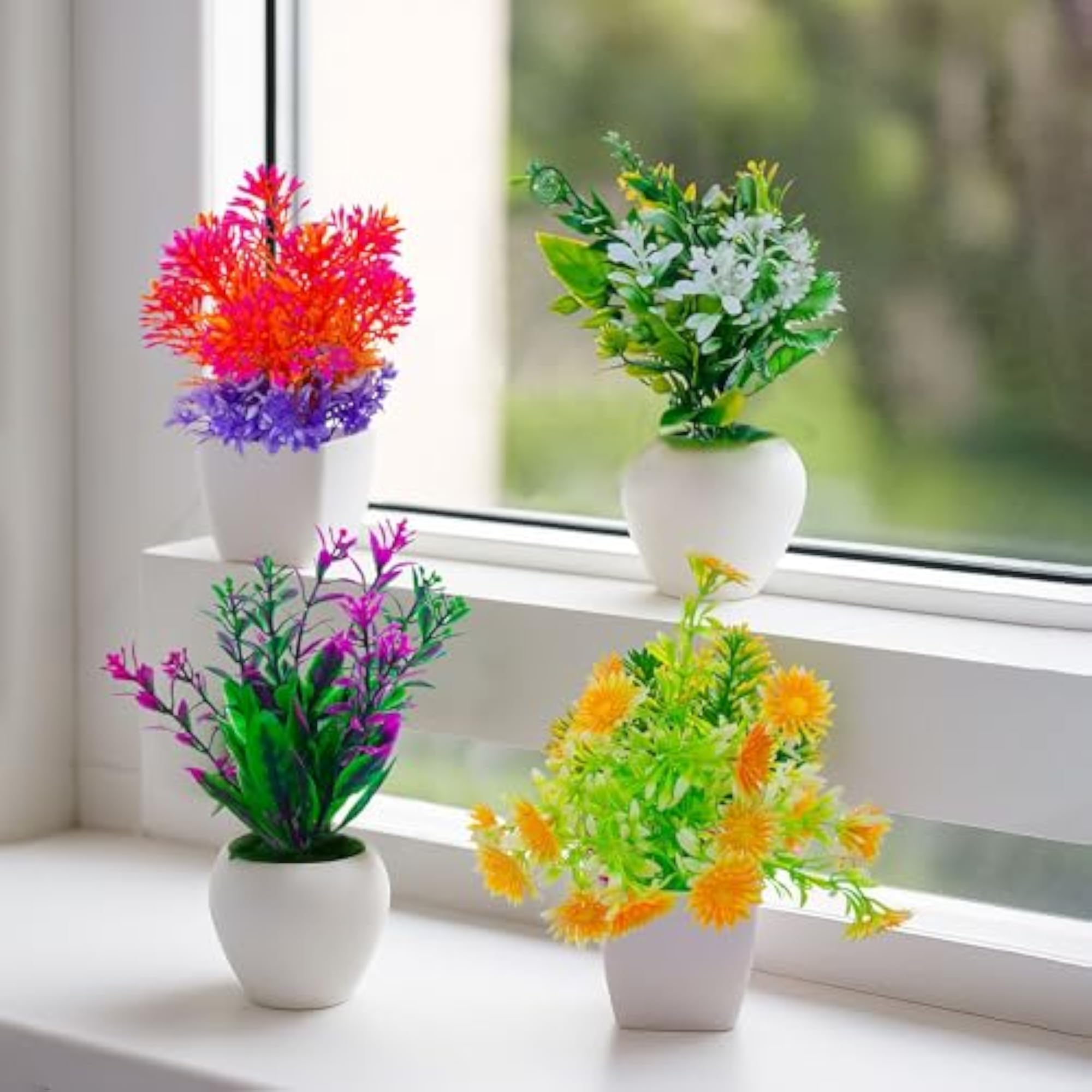 Set of 4 Decorative Mini Artificial Flowers Plants with Pot