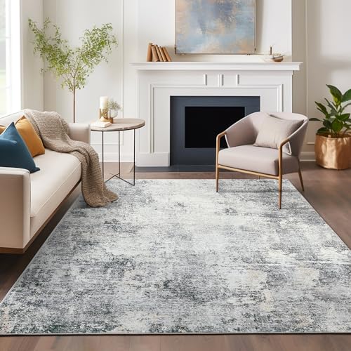 jinchan Area Rug 5x7 Washable Modern Rug Abstract Living Room Floor Cover Grey Multi Print Overdyed Distressed Mat Contemporary Non-Slip Thin Carpet f