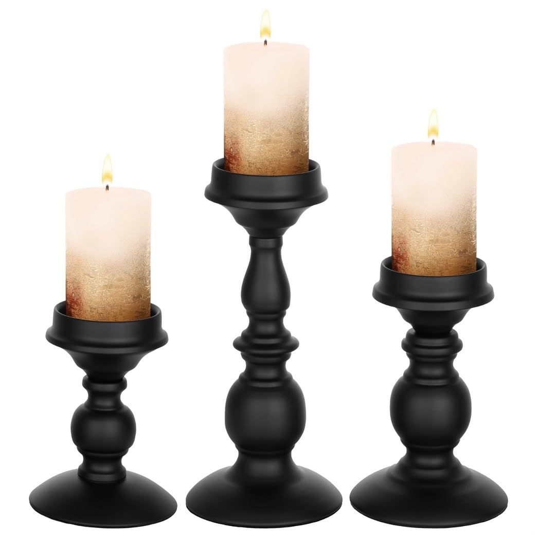 3-teiliges Kerzenhalter-Set aus Eisen, hohe Stumpenständer für Kerzen, schwarzer Vintage-Kerzenständer, 13 cm, 17 cm, 23 cm, dekorative Tafelaufsätze für den Kamin
