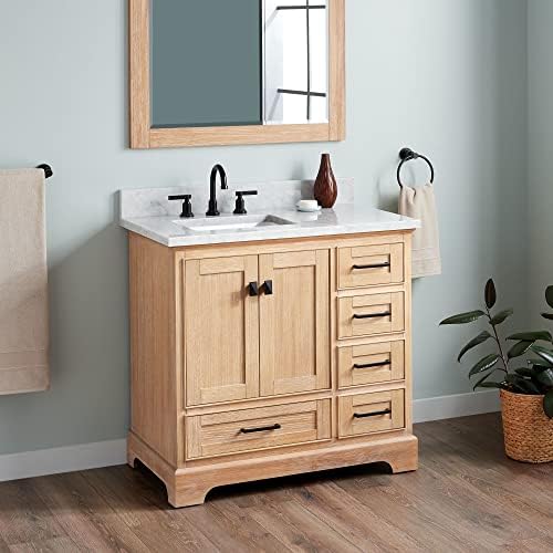 Signature Hardware 483410 Quen 36" Free Standing Single Basin Vanity Set with Cabinet, Vanity Top, and Undermount Sink - 3 Faucet Holes - Driftwood Brown/Carrara Marble