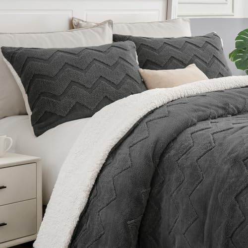 Image of BEDELITE Fluffy Sherpa King Comforter Set,Charcoal | Super Soft & Warm Fleece Bedding, Luxury Fuzzy Comforter for Winter, Heavy Plush Bedding Set,2 Pillowcases