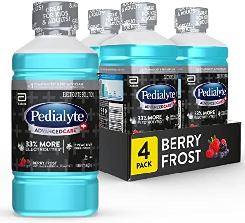 Pedialyte Advancedcare Plus Electrolyte Drink, 1 Liter, 4 Count, with 33% More electrolytes & Has Preactiv Prebiotics, Berry Frost, 33.8 Fl Oz (Pack of 4)