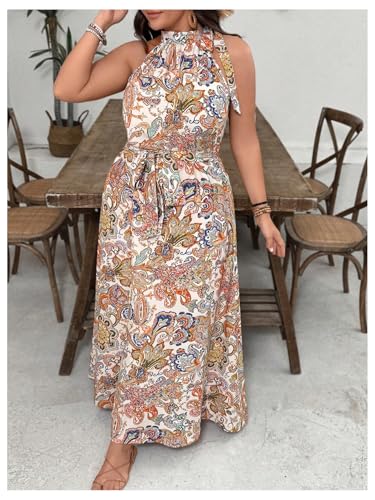 Image of Floerns Women's Plus Size Boho Sleeveless Halter Neck Tie Back A Line Long Dress