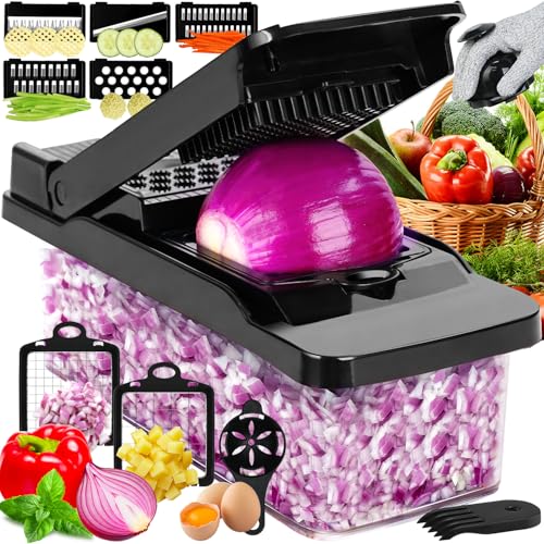 Cortador de verduras 12 en 1, mandolina, triturador de dados, comida en juliana, picador de cebolla, rallador de queso con contenedor, cortador de ensalada, multiutensilios de cocina todo en 1 y