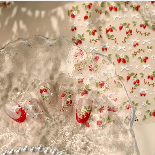Image of Strawberry Nail Stickers Bow Nail Art Stickers with Jelly Design Cute Nail Decals for Nails Art 5D Embossed Spring Summer Self Adhesive Nails Charms Supply for Women Manicure DIY Decoration 1 Sheets