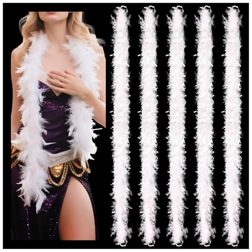 MAOFENG 5pcs Chandelle Turkry Feather Boa 1.64 Yards 30g for Halloween Costume Dancing Party Halloween Costume Decoration White