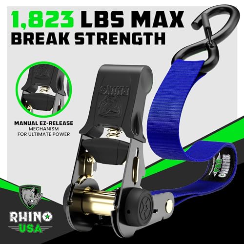 Image of Rhino USA Ratchet Straps Tie Downs (4-Pack) - 1 Inch x 15 Feet (1,823lb Break Strength) - Ultimate Tie Down Straps with Safety S Hooks - for Trucks, Cargo, Moving, Appliances - Blue