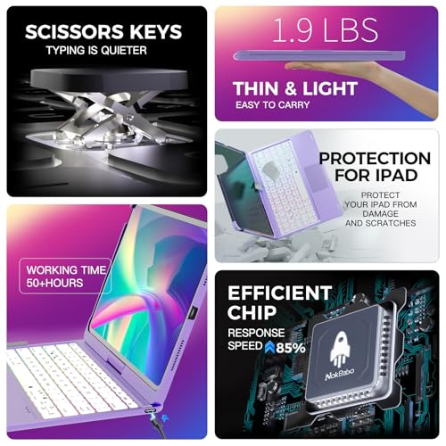 Image of NOKBABO for iPad 10th 11th (A16) Generation Case with Keyboard, iPad Air 11 case (M4 /M3 /M2), Keyboard for iPad Pro 11 (4th /3rd /2nd /1st) & iPad Air 5 /4, Trackpad, 360 Swivel, Backlit-Metallic Purple