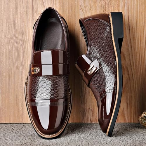 Image of Men's Classic Business Dress Shoes, Oxford Work Formal Shoes, Patent Leather Slip-On Loafers Wedding Dress Shoes