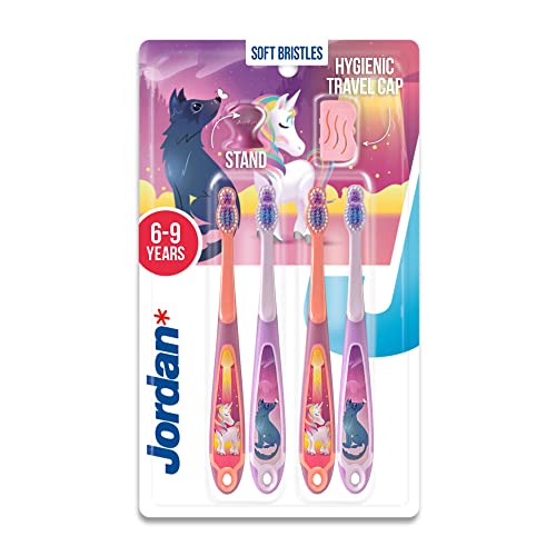Jordan ® | Step 3 Toothbrush for Children | Toothbrush for Ages 6 to 9 Years | Soft Bristles, Double Ergonomic Handle & BPA-Free | Pink | Pack of 4