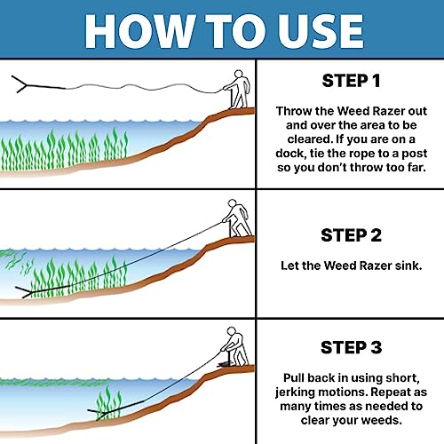 Jenlis Weed Razer Express, Lake Weed Cutter, Compact Aquatic Pond Plant Cutting Tool, Sharp Razor Blades Shear Cattail, Reed, Phragmites Lilly & Chara Algae, 30” Inch Cut Width, 25 Foot Throw Rope