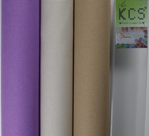 Image of KCS 3 pc of 15 inch x 18 inch(38cmx45cm) Counted Cross Stitch Cotton Aida Cloth Needlework Rolled Fabric Box,18CT,Pearl Grey+Khaki+Lavender