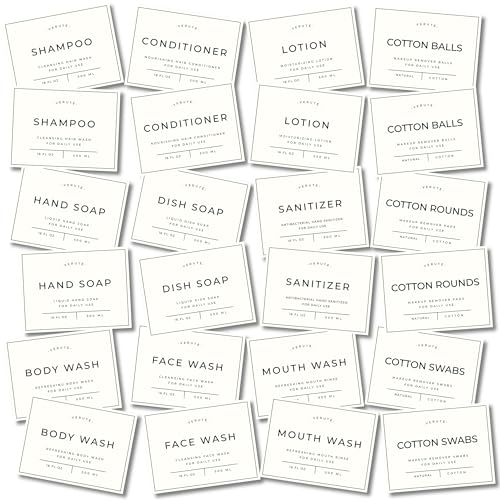 Verute Waterproof Labels for Amber Glass Soap Dispenser and Plastic Bottles 3.15x2.35 Peel & Stick - Kitchen Bathroom & Shower Set - 24 Pieces (White)